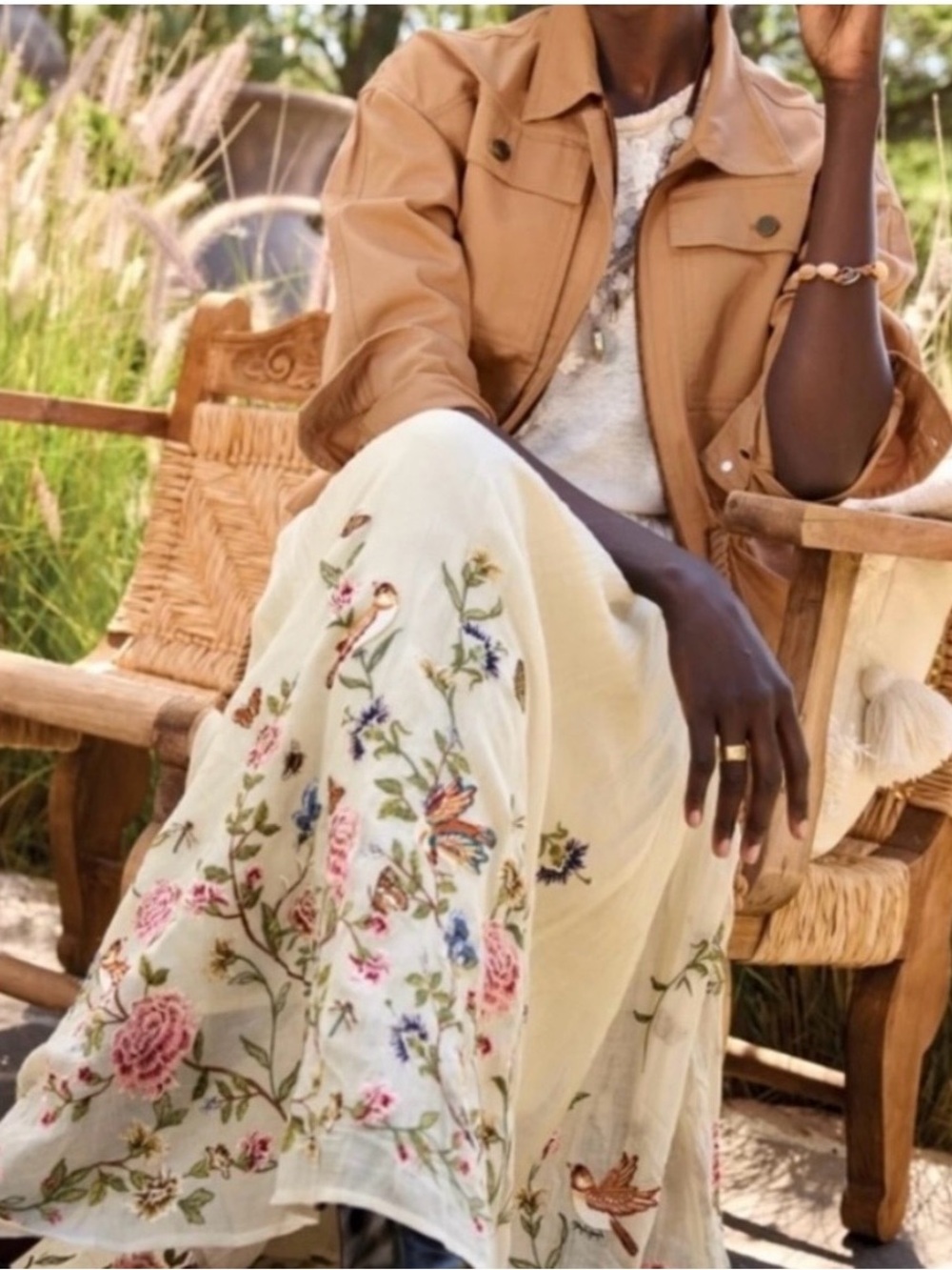 Sundance Romance Garden Embroidered Floral Cream Maxi Skirt